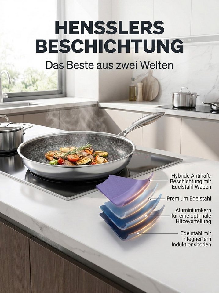 HENSSLERS Servierpfanne Premium, Pfanne 32 cm, inklusive Grillzange, Edelstahl (Set, 3-tlg) – Bild 3 von 5