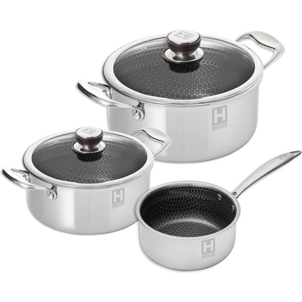 HENSSLERS Topf-Set, Edelstahl (Set, 5-tlg., 1 Universaltopf Ø 20 cm und Ø 24 cm mit Deckel, 1 Stieltopf 2,2 l), Mehrschichtmaterial für hohe Beständigkeit und K