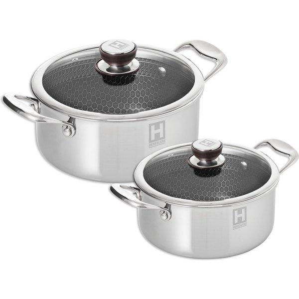 HENSSLERS Topf-Set, Edelstahl (Set, 2-tlg., je 1 Kochtopf Ø 20 und 24 cm, mit Glasdeckel), 3-Schicht Material mit Wabenstruktur, Induktion, 2,8L und 5,0L