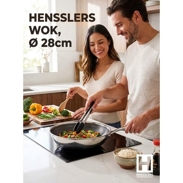 HENSSLERS Wok Premium, Pfanne 28 cm, inklusive Grillzange, Edelstahl (Set, 2-tlg)
