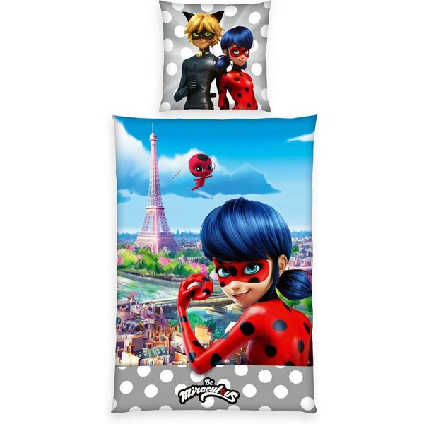 Herding Jugendbettwäsche 135x200cm Be Miraculous Ladybug Paris, Renforcé, 2 teilig, grau weiß gepunktet, Digitaldruck, Reißverschluss