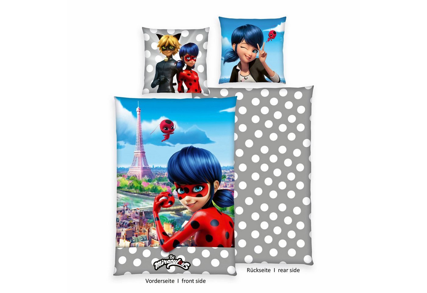 Herding Jugendbettwäsche 135x200cm Be Miraculous Ladybug Paris, Renforcé, 2 teilig, grau weiß gepunktet, Digitaldruck, Reißverschluss – Bild 2 von 4