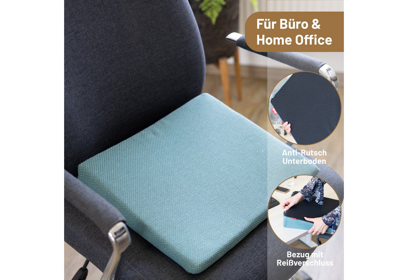 Herlag Keilkissen Stella für Büro und Auto, Ergonomisches Sitzkeilkissen 33x37x7/2cm Waschbarer Bezug Petrol – Bild 5 von 5