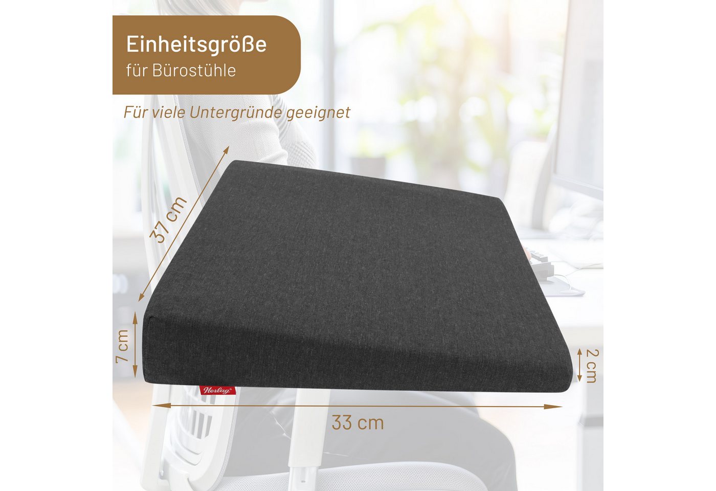 Herlag Keilkissen Stella für Büro und Auto, Ergonomisches Sitzkeilkissen 33x37x7/2cm Waschbarer Bezug Anthrazit – Bild 3 von 5
