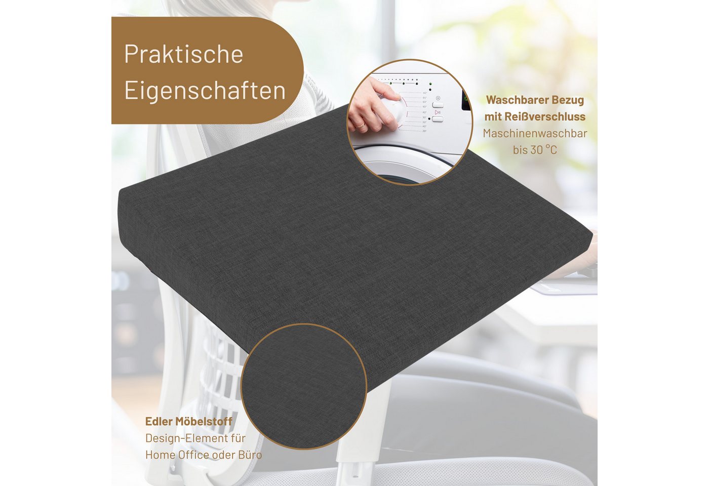 Herlag Keilkissen Stella für Büro und Auto, Ergonomisches Sitzkeilkissen 33x37x7/2cm Waschbarer Bezug Anthrazit – Bild 5 von 5