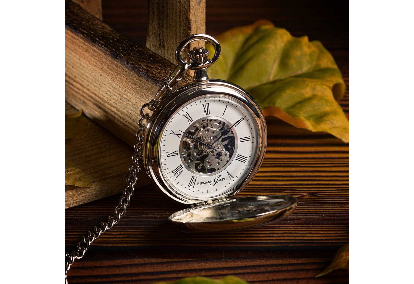 Hermann Jäckle Taschenuhr "Bayreuth", Skelett-Handaufzug, Mineralglas, 50 mm, inkl. Kette & Reiseetui – Klassische Herrenuhr im Vintage-Stil – Bild 4 von 5