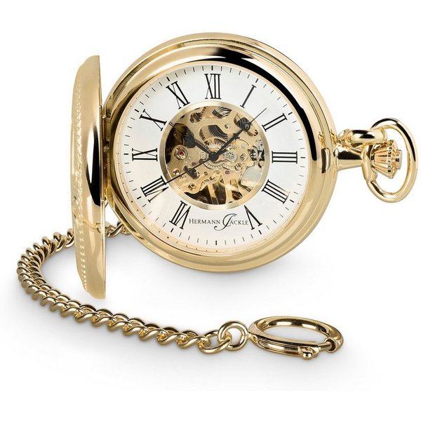 Hermann Jäckle Taschenuhr Bayreuth vergoldet II, Skelett, Handaufzug, mit Kette und Reiseetui, (mit Kette und Reiseetui), – Elegante Herrenuhr im klassischen De