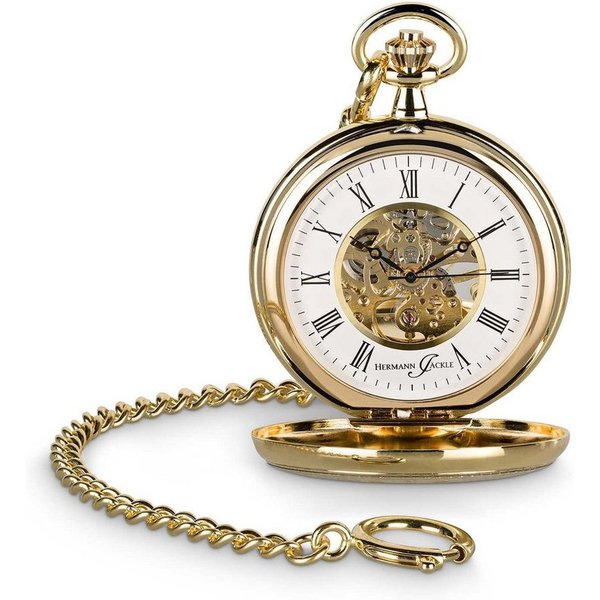 Hermann Jäckle Taschenuhr "Bayreuth vergoldet", Skelett-Handaufzug, Mineralglas, 50 mm, inkl. Kette & Reiseetui – Edle Herrenuhr im klassischen Stil