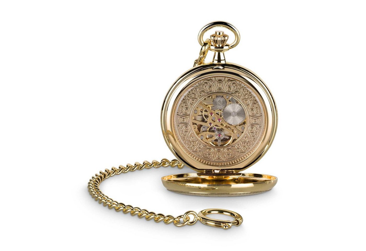 Hermann Jäckle Taschenuhr "Bayreuth vergoldet", Skelett-Handaufzug, Mineralglas, 50 mm, inkl. Kette & Reiseetui – Edle Herrenuhr im klassischen Stil – Bild 2 von 5