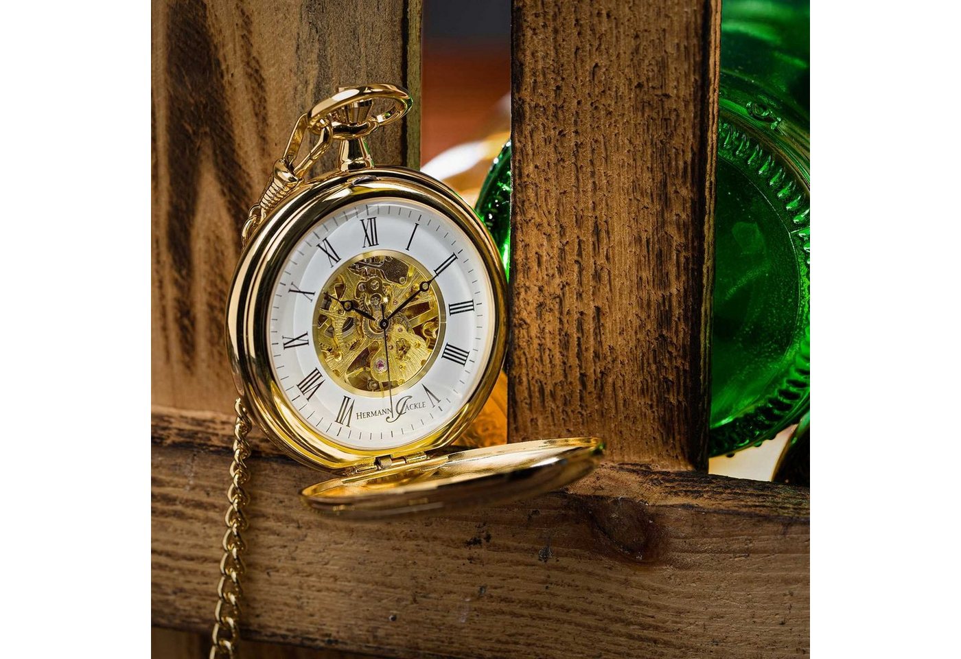 Hermann Jäckle Taschenuhr "Bayreuth vergoldet", Skelett-Handaufzug, Mineralglas, 50 mm, inkl. Kette & Reiseetui – Edle Herrenuhr im klassischen Stil – Bild 4 von 5