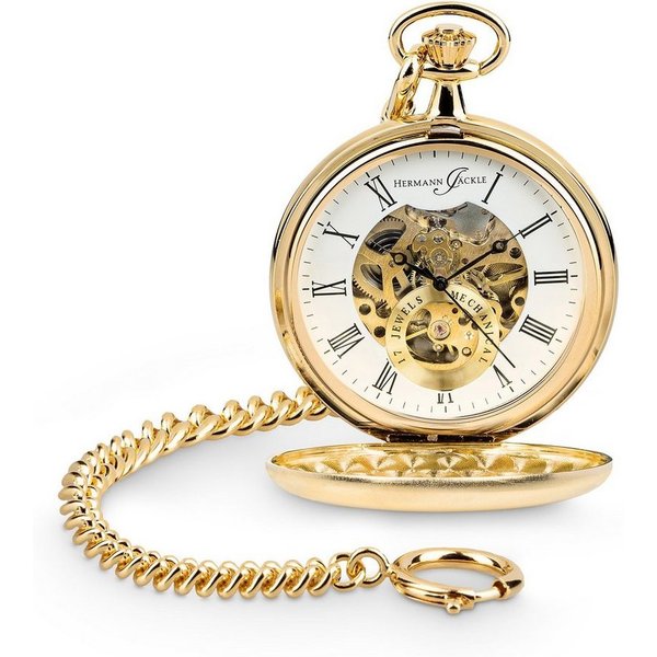Hermann Jäckle Taschenuhr "Heidelberg" Vergoldet, Skelettuhr, Handaufzug, Mineralglas, mit Kette & Etui – Edles Accessoire für Herren
