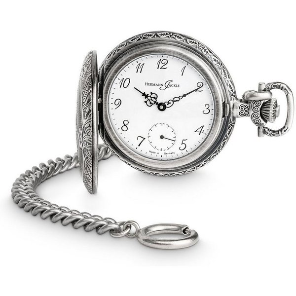 Hermann Jäckle Taschenuhr "Schöntal 2" Antiklook, Handaufzug, 50 mm, Mineralglas, mit Kette & Reiseetui – Made in Germany, klassische Herrenuhr
