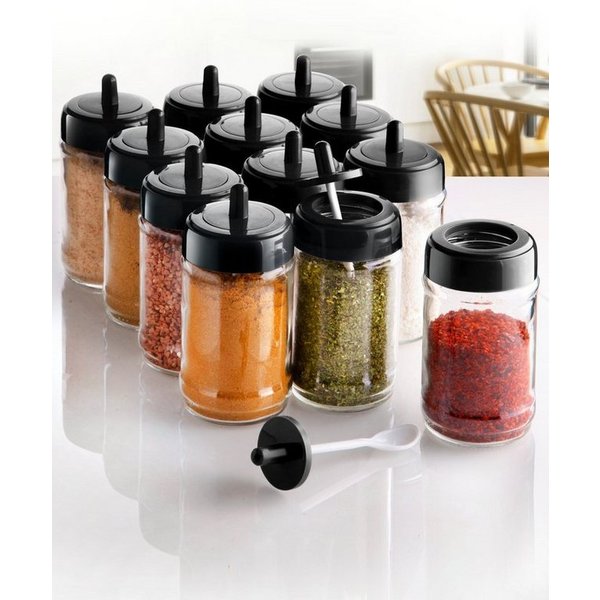 Hermia Concept Vorratsdose Erika,(12 Stücke), Gewürzglas Set, Schwarz, 100% Glas, Glas, (Set, 12-tlg., 12x Gewürzglas mit Deckel), Großes Volumen: 300 ml pro Gl