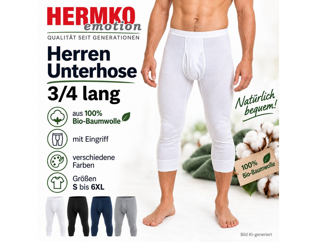 HERMKO Lange Unterhose 3440 mit Eingriff, Bio-Baumwolle, ¾ lang, wadenlang, Weichbund – Bild 3 von 3