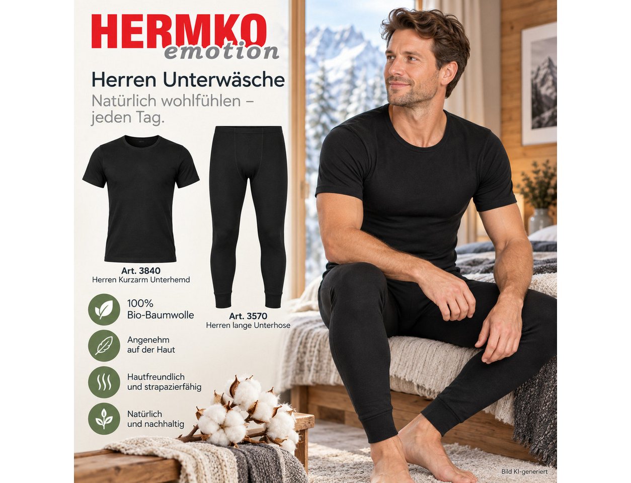 HERMKO Lange Unterhose 3570 ohne Eingriff, 100 % 100 % Bio-Baumwolle, Dehnbund – Bild 3 von 5