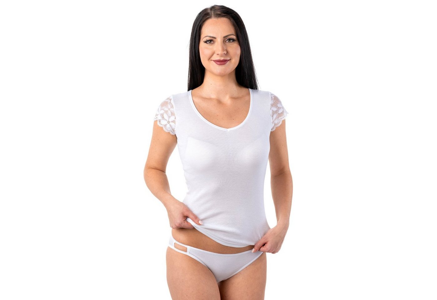 HERMKO Unterziehshirt 1788030 (Pack, 2er) Baumwolle/Modal hirt V-Ausschnitt + kurzen Spitzen-Ärmeln – Bild 3 von 4