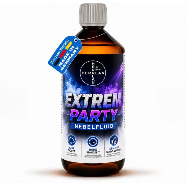 HERRLAN Discolicht EXTREM PARTY Nebelfluid universelle wasserbasierte Nebelflüssigkeit, 1 Liter, mit extrem hoher Dichte und hoher Standzeit.