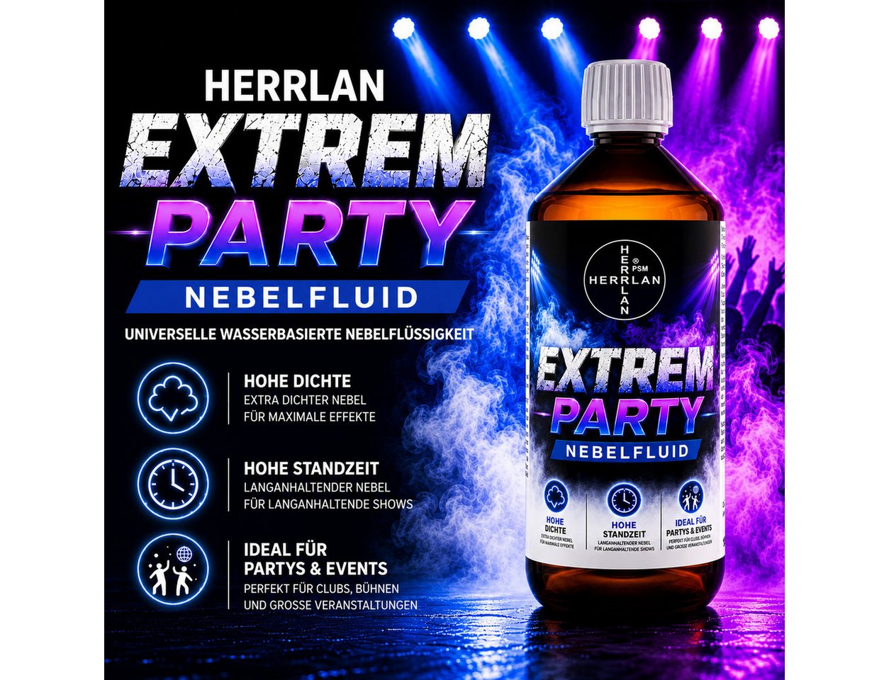 HERRLAN Discolicht EXTREM PARTY Nebelfluid universelle wasserbasierte Nebelflüssigkeit, 1 Liter, mit extrem hoher Dichte und hoher Standzeit. – Bild 2 von 5