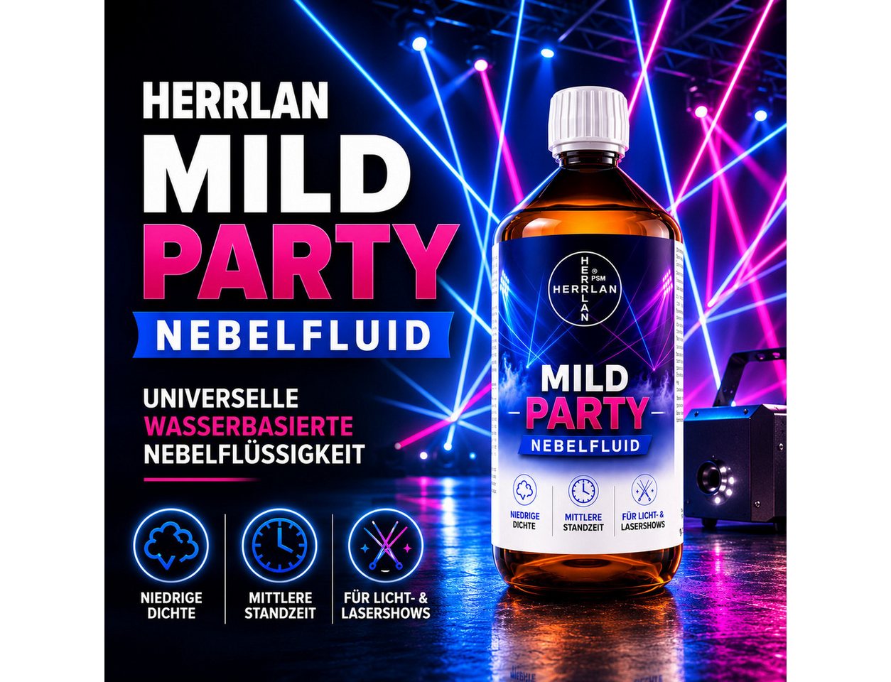 HERRLAN Discolicht MILD PARTY Nebelfuid, niedrige Dichte und mittlere Standzeit, für Licht- & Lasershows – Bild 2 von 5
