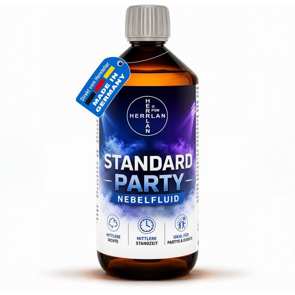HERRLAN Discolicht STANDARD PARTY Nebelfluid universelle wasserbasierte Nebelflüssigkeit, 1 Liter, mit mittlerer Dichte und Standzeit