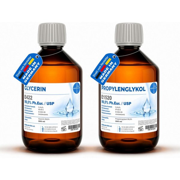 HERRLAN Rohseife Glycerin + Propylenglykol - 99,5% - zum Vorteilspreis, 500 ml Glycerin + 500 ml Propylenglykol