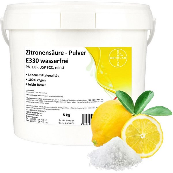 HERRLAN Zitronensäure - Pulver in Lebensmittelqualität (E330) Entkalker (und Reinigungsmittel, [- 5 kg Für Limonaden, Fruchtsäfte und zum Backen I HERRLAN-Quali