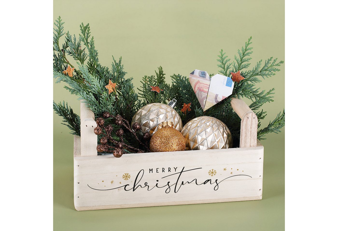 Herz & Heim Geschenkbox zu Weihnachten oder Nikolaus - Holzkorb für Weihnachtsgeschenke, mit Holzgriffen – Bild 3 von 5