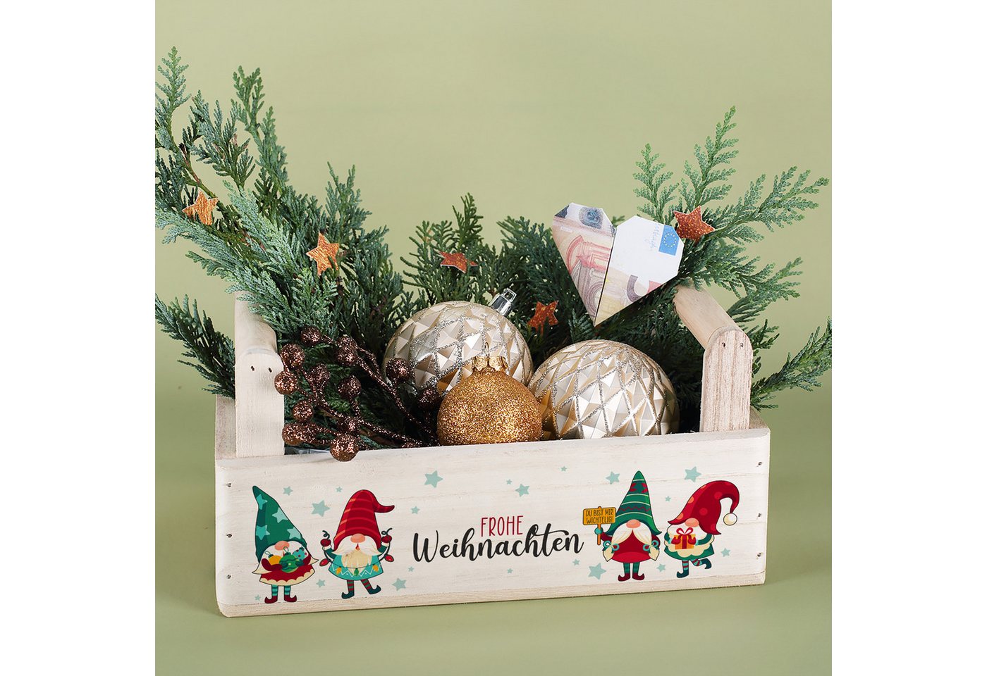 Herz & Heim Geschenkbox zu Weihnachten oder Nikolaus - Holzkorb für Weihnachtsgeschenke, mit Holzgriffen – Bild 2 von 5