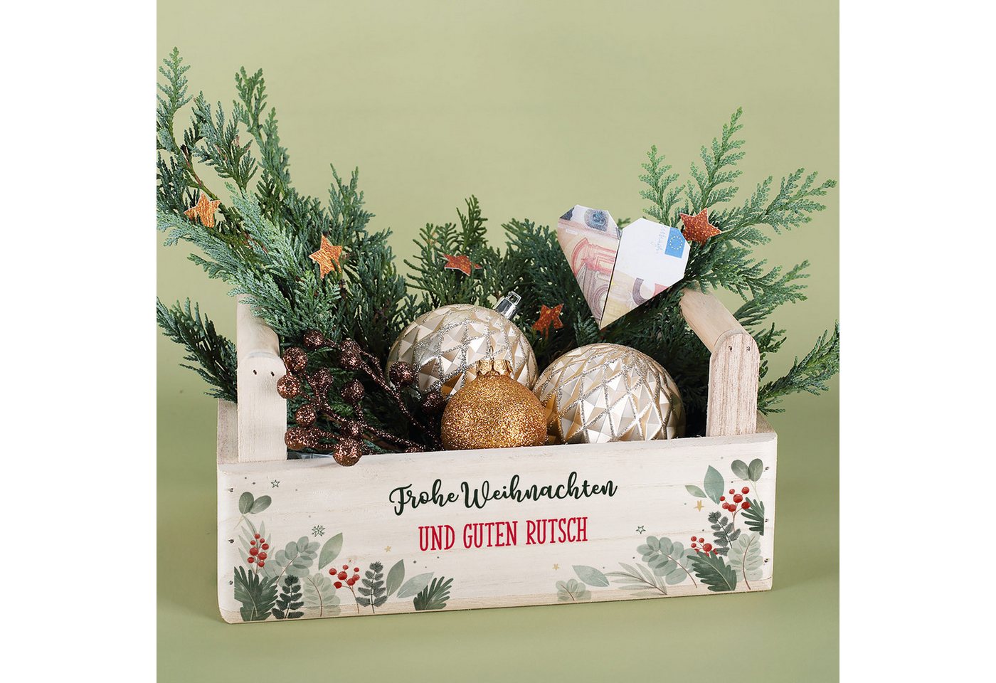 Herz & Heim Geschenkbox zu Weihnachten oder Nikolaus - Holzkorb für Weihnachtsgeschenke, mit Holzgriffen – Bild 2 von 5