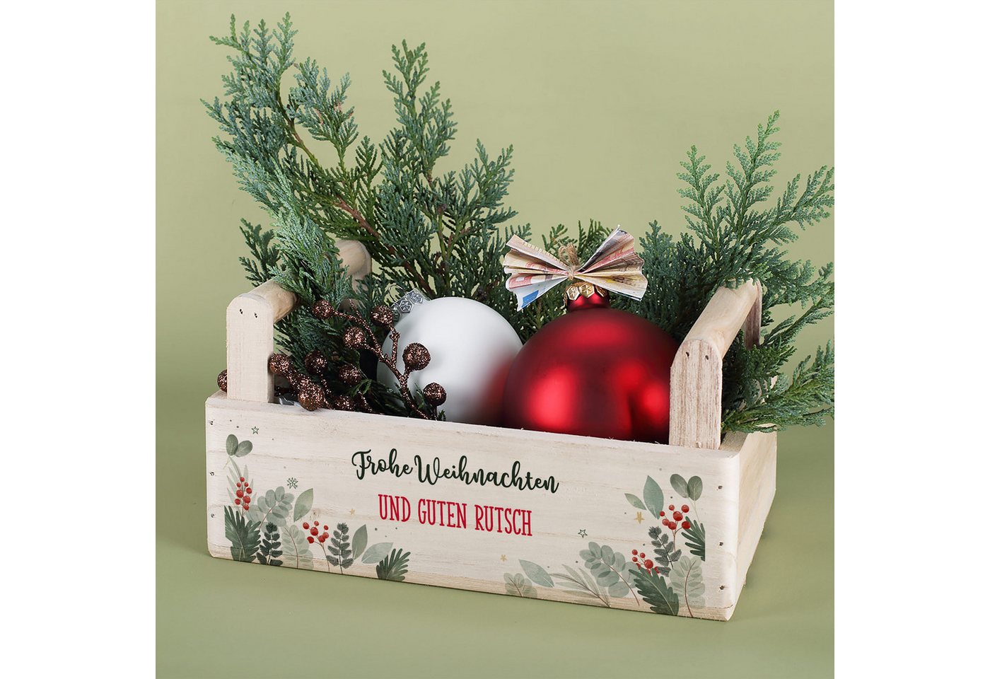 Herz & Heim Geschenkbox zu Weihnachten oder Nikolaus - Holzkorb für Weihnachtsgeschenke, mit Holzgriffen – Bild 3 von 5