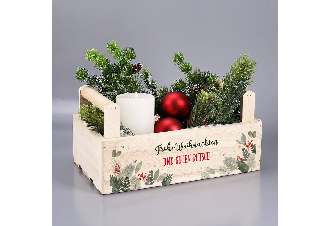 Herz & Heim Geschenkbox zu Weihnachten oder Nikolaus - Holzkorb für Weihnachtsgeschenke, mit Holzgriffen – Bild 4 von 5