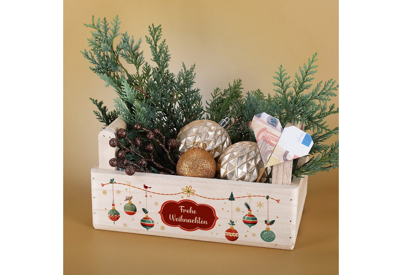 Herz & Heim Geschenkbox zu Weihnachten oder Nikolaus - Holzkorb für Weihnachtsgeschenke, mit Holzgriffen – Bild 2 von 5