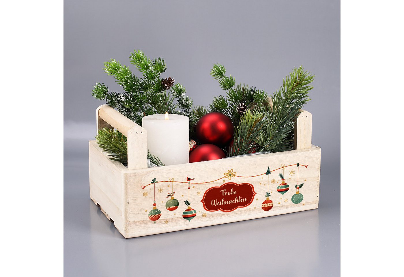 Herz & Heim Geschenkbox zu Weihnachten oder Nikolaus - Holzkorb für Weihnachtsgeschenke, mit Holzgriffen – Bild 4 von 5