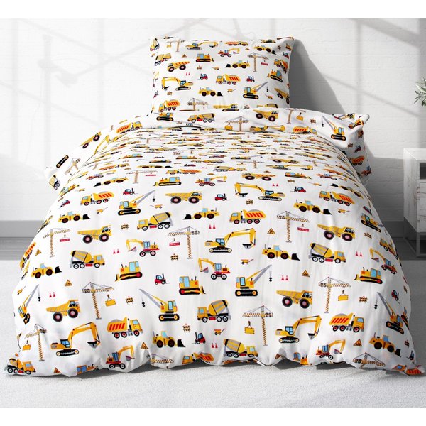 Heubergshop Kinderbettwäsche, Renforcé, 2 teilig, 135x200cm + 80x80cm Bagger Baufahrzeuge Kräne Baumwolle (EW-Bagger)