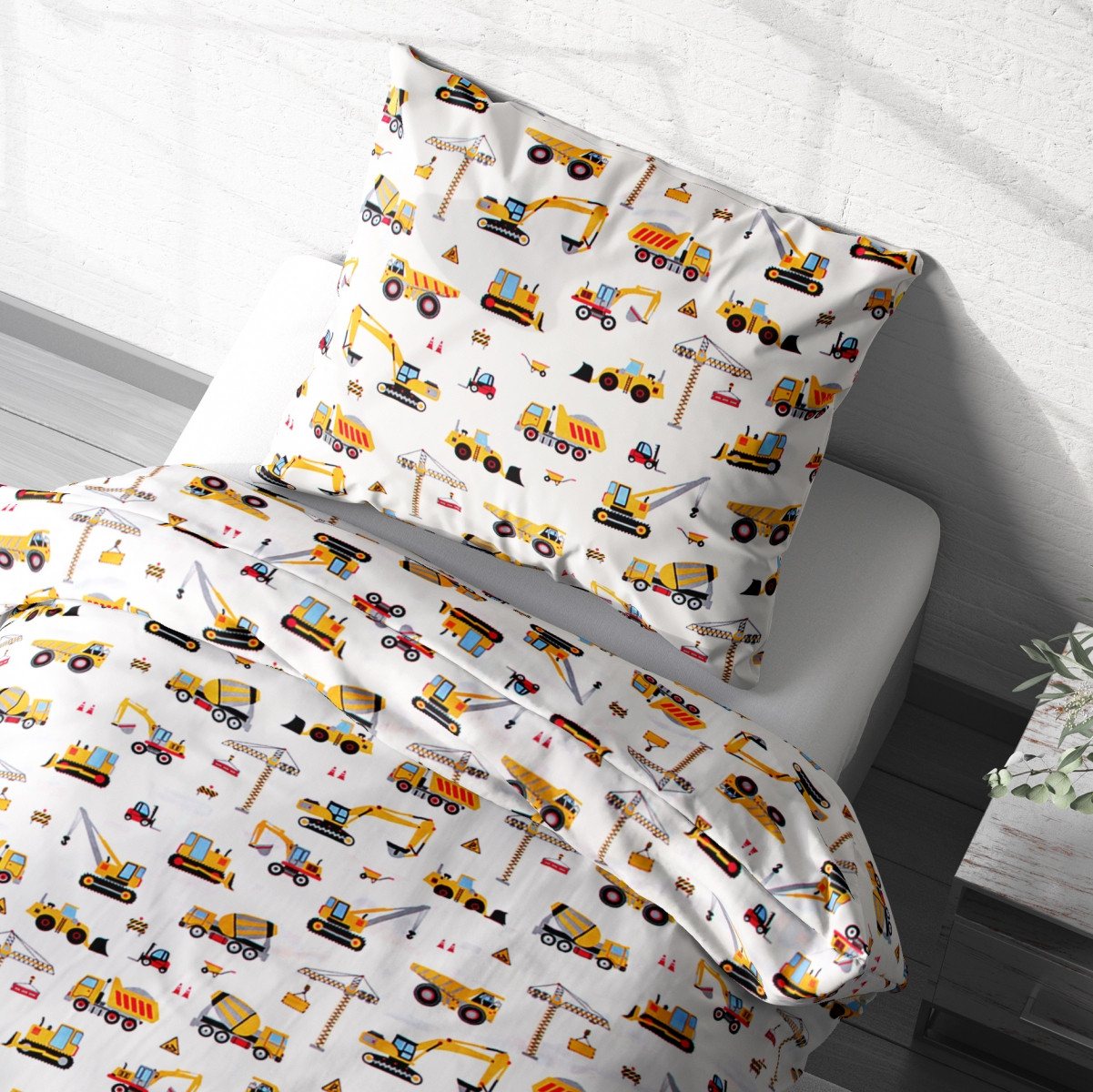 Heubergshop Kinderbettwäsche, Renforcé, 2 teilig, 135x200cm + 80x80cm Bagger Baufahrzeuge Kräne Baumwolle (EW-Bagger) – Bild 2 von 2