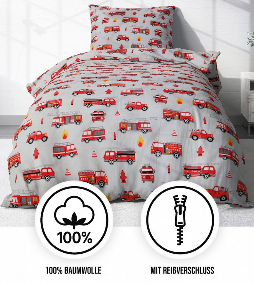 Heubergshop Kinderbettwäsche, Renforcé, 2 teilig, 135x200cm und 80x80cm - Feuerwehr 100% Baumwolle Kinder (EW-Feuerwehr) – Bild 2 von 2