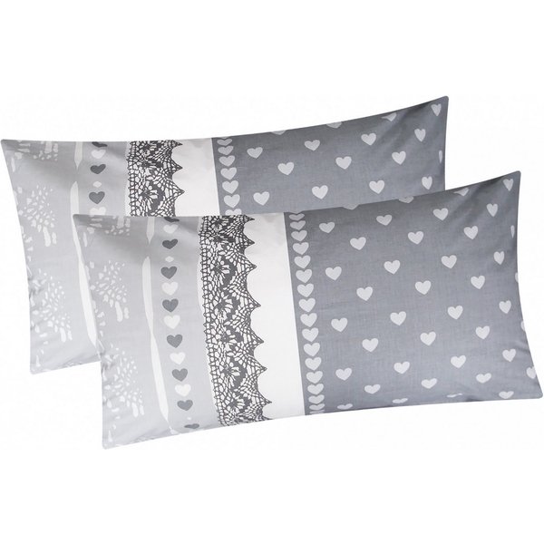 Heubergshop Kissenbezug, (2 Stück), 2er Set 40x80cm Kissenhülle Love Streifen Herzen Grau (386/2-KB-40x80)
