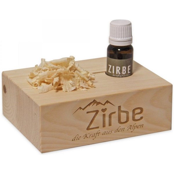 Heubergshop Raumduft, 10ml Zirbenöl + Zirbenwürfel mit Gravur