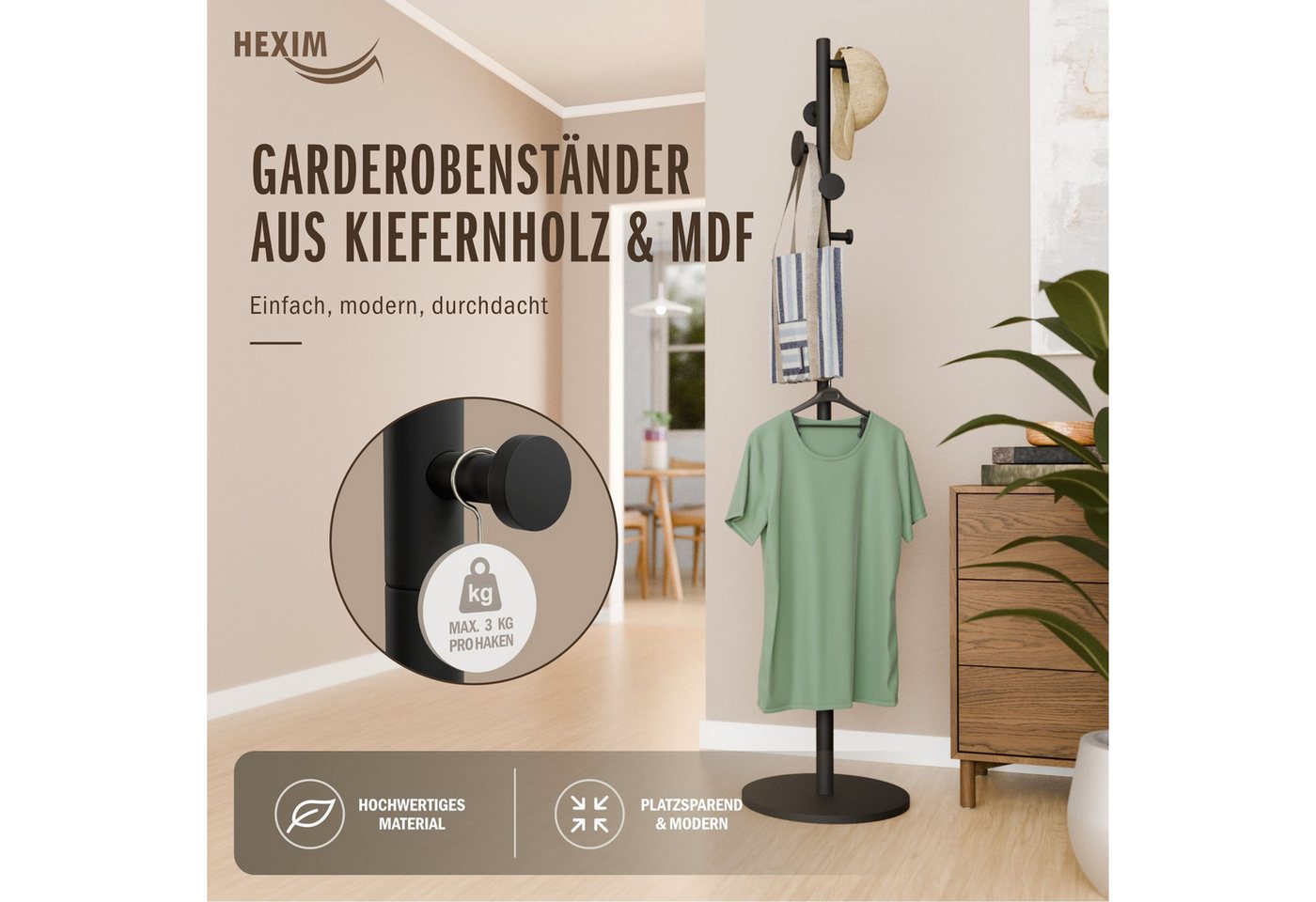 Hexim Garderobenständer, (Holz freistehend Schwarz – Kleiderständer 175cm mit 8 versetzten Haken – Moderne Standgarderobe & Flurgarderobe mit stabilem Stand, 3  – Bild 3 von 5