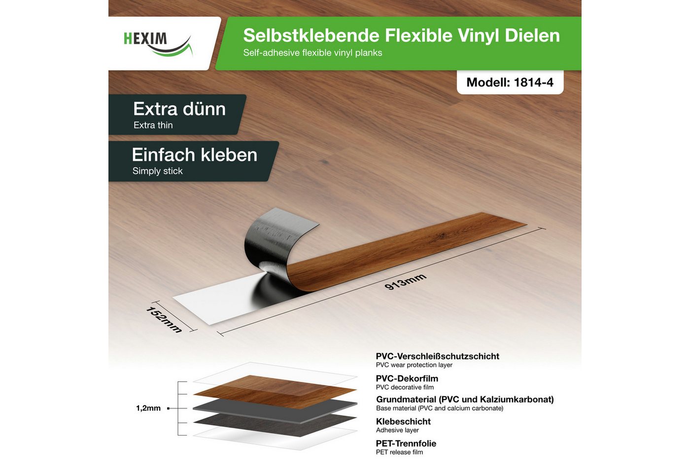 Hexim Vinylboden, Vinyldielen 0,97m² selbstklebend PVC Wandverkleidung Bodenbelag Holzoptik 91x15cm Paneele für Wand & Boden Holzdielen rot (7 Dielen Espresso O – Bild 2 von 3