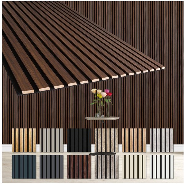Hexim Wanddekoobjekt (Akustikpaneele 4 Stück 278x60cm Holz Comfort - flexible Lamellenwand MDF Wandpaneele Lamellenverkleidung Wandverkleidung schalldämmend 6.6
