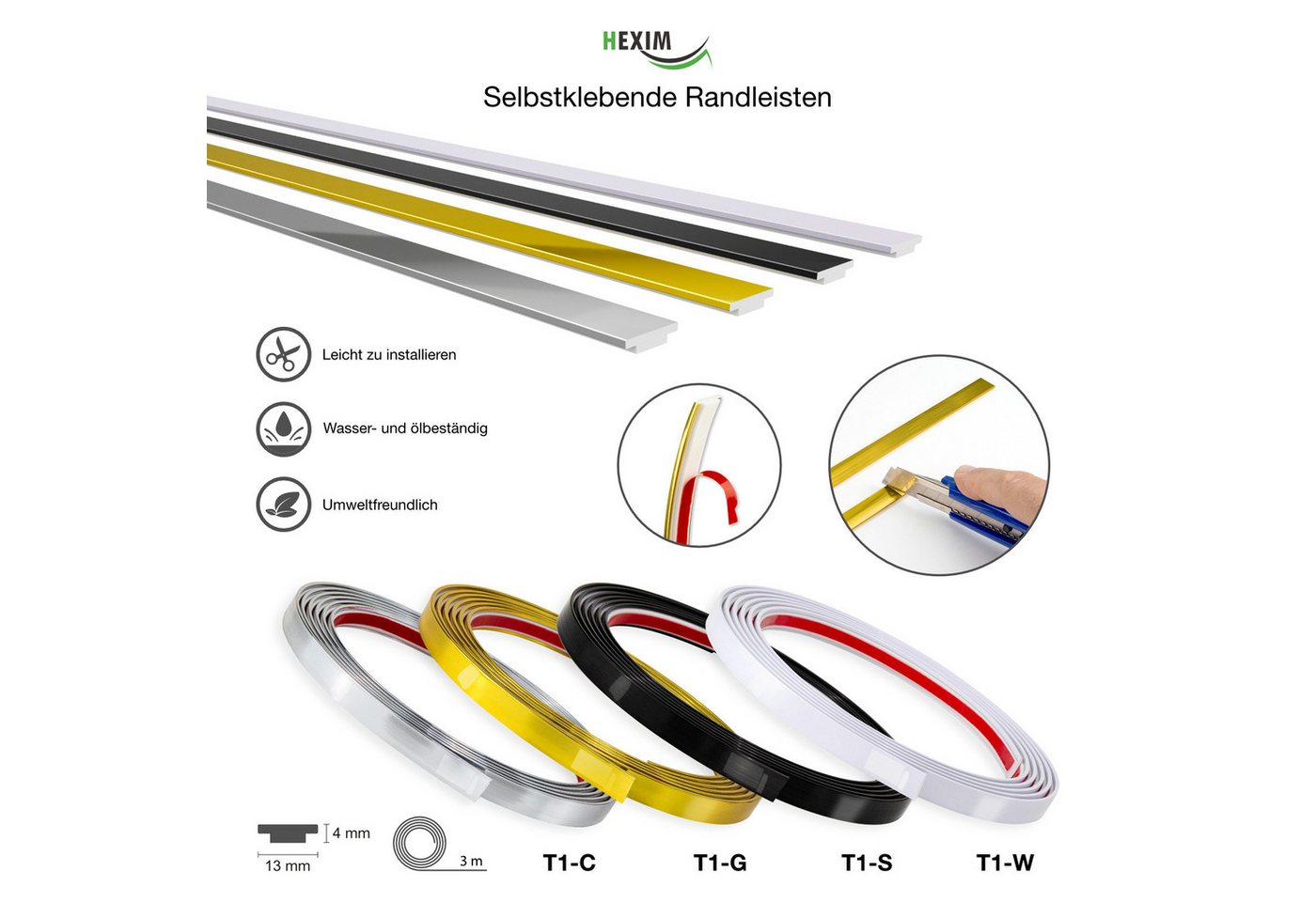 Hexim Zierleiste, 3M Randleiste - Modell T1, Selbstklebende Zierleisten flexibel universelle Profile Wandleiste Gold Chrom Weiß Schwarz 300cm Spiegelrand Möbel  – Bild 2 von 3