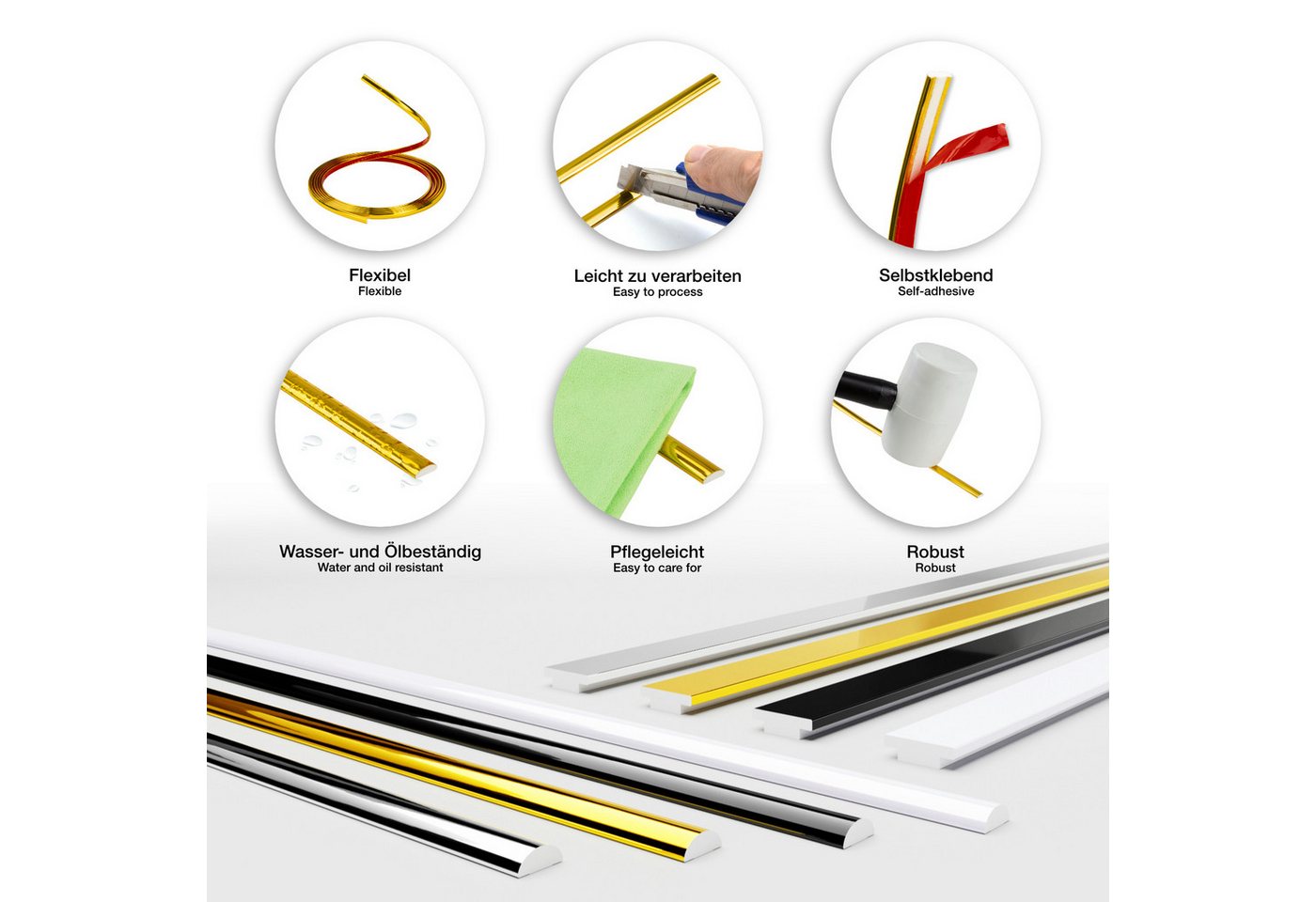 Hexim Zierleiste, 3M Randleiste - Modell T1, Selbstklebende Zierleisten flexibel universelle Profile Wandleiste Gold Chrom Weiß Schwarz 300cm Spiegelrand Möbel  – Bild 3 von 3