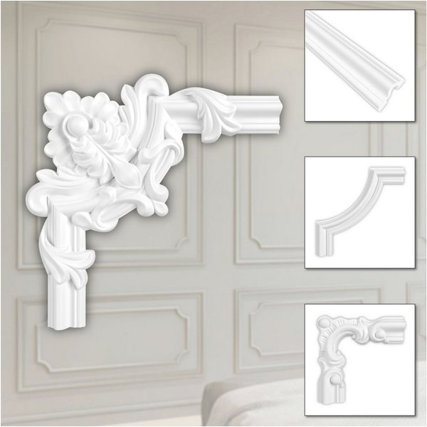 Hexim Zierleiste, 2 Ecken, HEXIM Eckstück aus PU-Polyurethane - extrem widerstandsfähig, schneeweiß & modern (2 Stück HCR502-2) Stuckdecke Bilderrahmen Kassetie