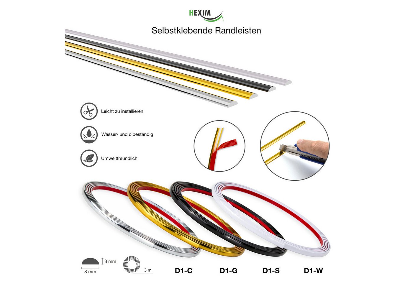 Hexim Zierleiste, 3M Randleiste - Modell D1, Selbstklebende Zierleisten flexibel universelle Profile Wandleiste Gold Chrom Weiß Schwarz 300cm Spiegelrand Möbel  – Bild 2 von 3