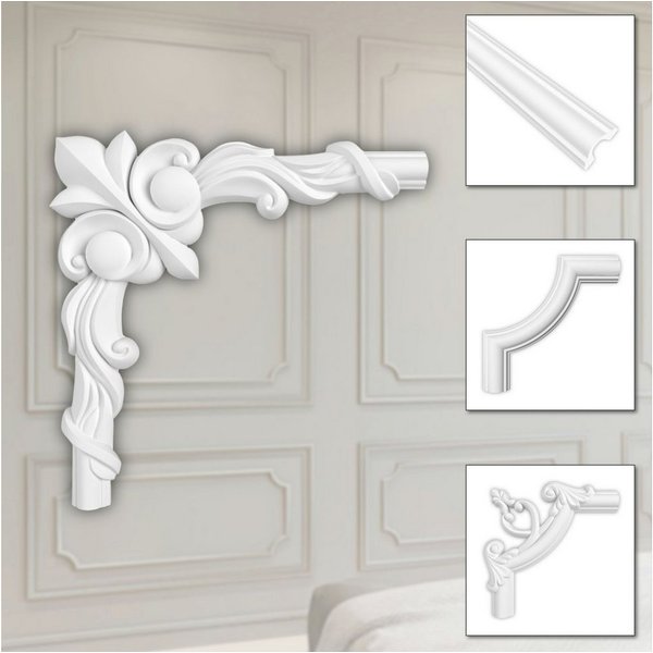 Hexim Zierleiste, 2 Ecken, HEXIM Eckstück aus PU-Polyurethane - extrem widerstandsfähig, schneeweiß & modern (2 Stück HCR501-3) Wandkasetten Stuckrahmen Rahmung