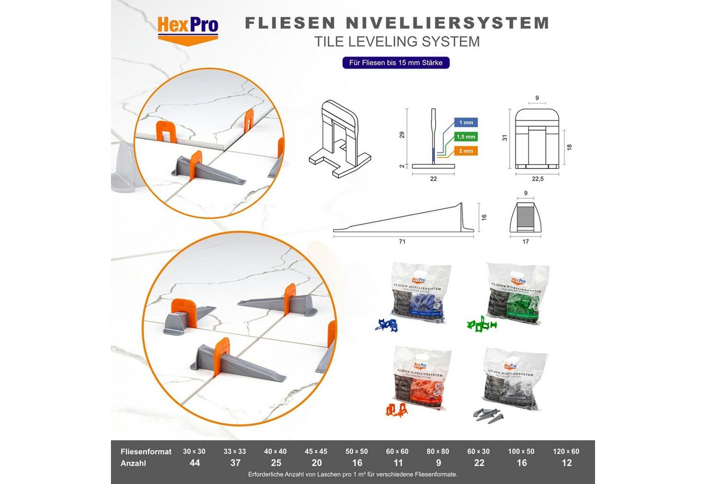 HexPro Nivelliersystem (Fliesen Nivelliersystem 1mm 1,5mm 2mm Laschen, Fliesenstärke bis 15mm Fliesenkeile, Verlegehilfe Set (1000 Zuglaschen) Fliesenfugen 2mm) – Bild 4 von 4