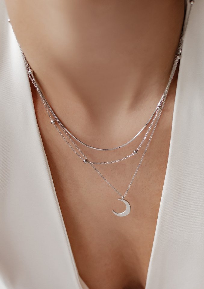 Hey Happiness Collier-Set Damen Layer, 2er Set Mond Anhänger 18K Roségold vergoldet, Schlichte Erbskette mit Halbmond dreilagig, Geschenk Idee – Bild 2 von 5