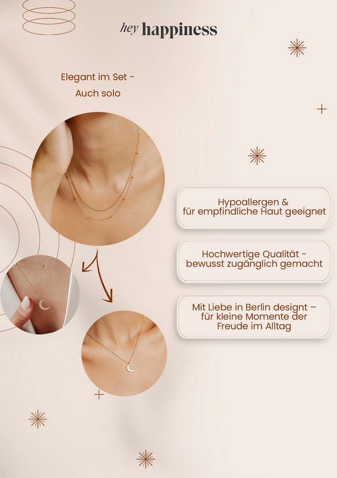 Hey Happiness Collier-Set Damen Layer, 2er Set Mond Anhänger 18K Roségold vergoldet, Schlichte Erbskette mit Halbmond dreilagig, Geschenk Idee – Bild 5 von 5