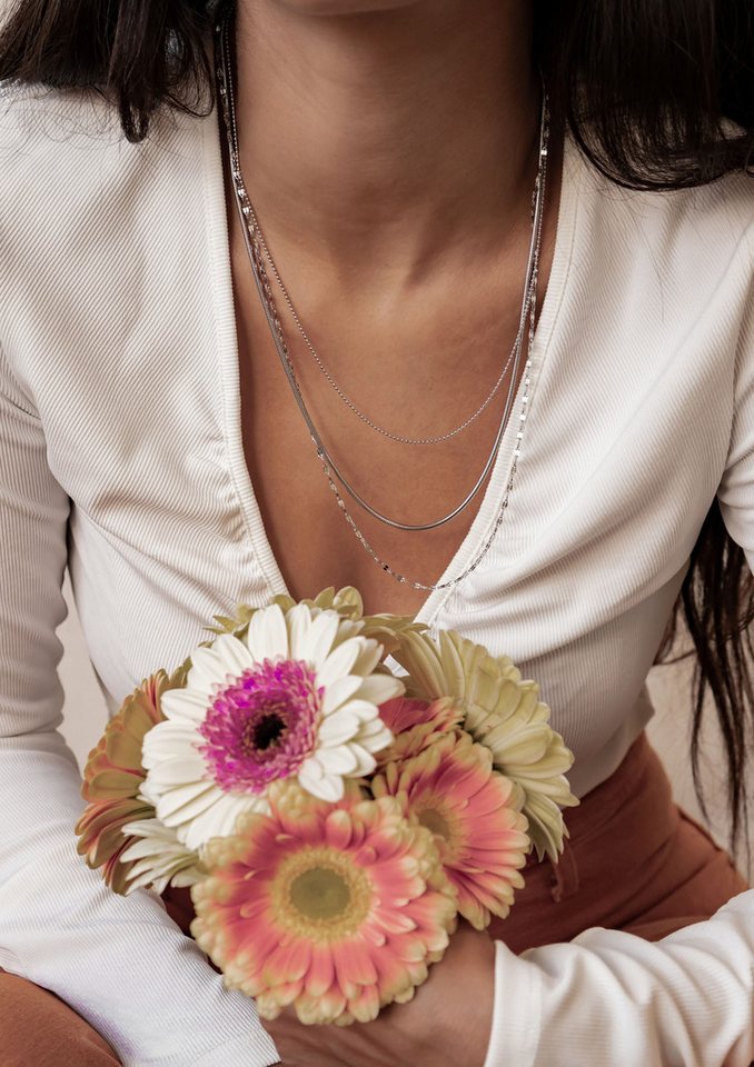 Hey Happiness Collier Trio Layer, elegant & feminin, Mehrreihige Edelstahl Halskette Damen, verstellbar – Bild 4 von 5